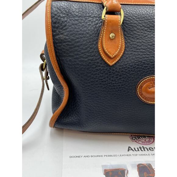 Authenticated Vintage Dooney & Bourke Navy Tan All Weather Leather Satchel Duck‎ - Picture 1 of 10